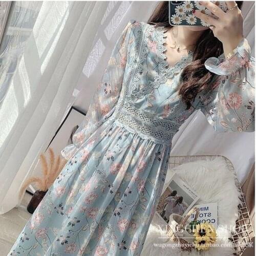 Women Long Floral Print Lace Chiffon Dress Patchwork Midi Korean Petal Long Sleeve A-Line Vintage Sweety Slim Waist 2021 Spring