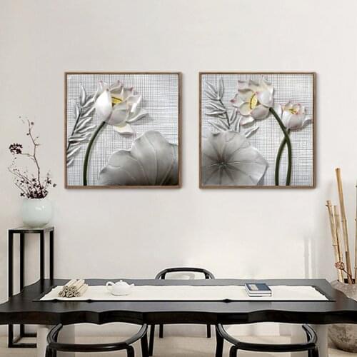 New Chinese 3D Lotus 2 Pieces Decorative Paintings Wall Art Print Picture Canvas Painting Poster for Living Room No Framed