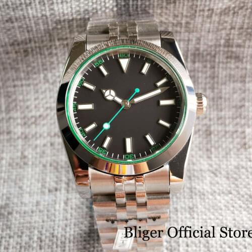 BLIGER Sapphire Crystal 36mm NH35A Mechancial Men Watch Green Second Hand Flat Sapphire Crystal Jubilee Bracelet Solid Back 316L