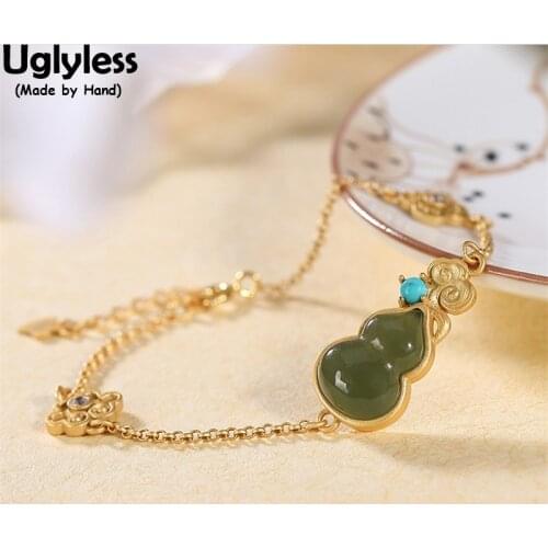Uglyless Ethnic Gourd Jade Bracelets Women China Culture FU LU GOOD LUCK Gifts Jewelry Gold Thin Bangles & Bracelets 925 Silver