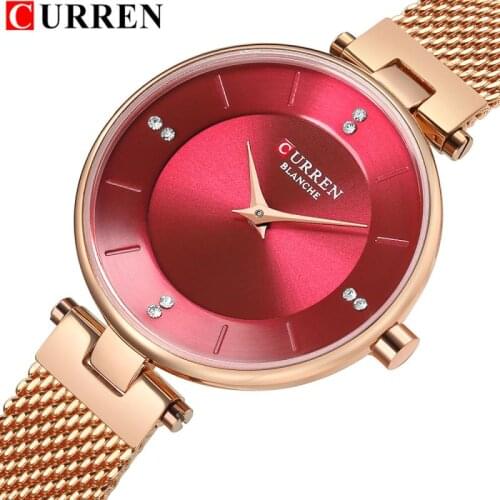Hot Fashion Stainless Steel Mesh Watch for Women Relogio Feminino Curren 2021 Ladies Quartz Bracelet Watch Pomegranate Red Dial