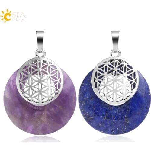 CSJA Flower of Life Pendant Yoga Chakra Healing Natural Stone Quartz Mandala Pendants for Necklaces Women Men Reiki Jewelry G051