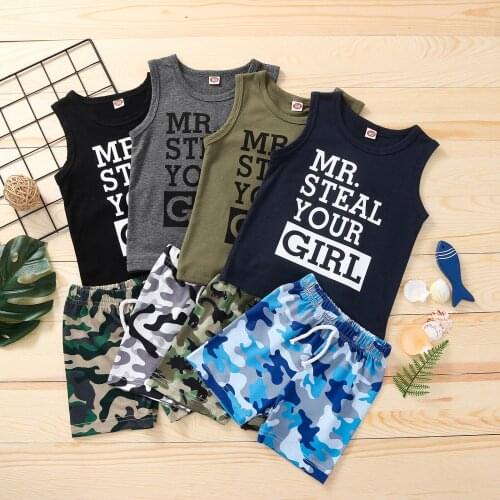FOCUSNORM 4 Colors Summer Baby Boys Clothes Sets 2pcs Letter Sleeveless Vest Tops Camouflage Printed Pants 0-3Y