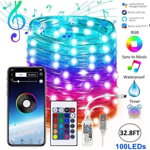 Smart WiFi Control RGB Fairy String Light 32.8ft 100LED Indoor/Outdoor Waterproof USB Copper Wire Lights with Remote Works with