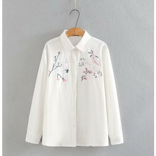 Plus Size Shirt For Women Large Size Shirt For Fatwomen In Spring And Autumn Embroidery Flowers Cotton Fabric Long Sleeve Tops
