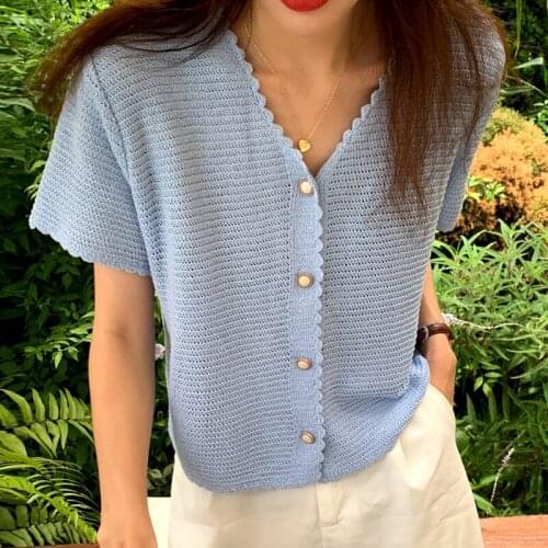 Korean Chic Summer Soft Milk Soft Blue V-Neck Chic Button Design Versatile Thin Short-Sleeved Sweater Top