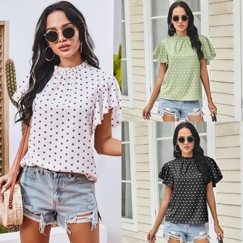 LEOSOXS Summer Fashion Stand Up Collar Polka Dot Tops Woemns T Shirt 2021 New Casual Ruffle Short Sleeve Ladies T Shirt Basic