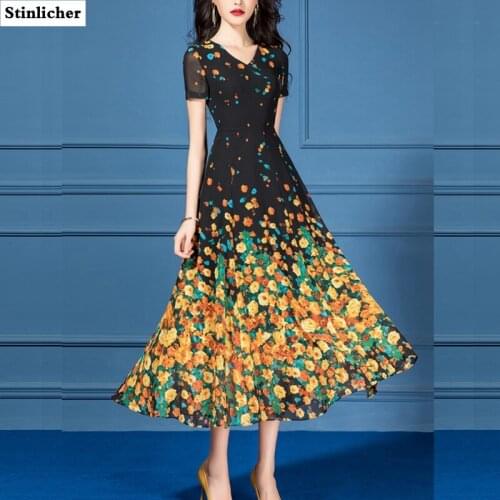 Summer long floral chiffon dress women elegant black V-neck print OL work dress ladies slim high quality maxi beach dress female