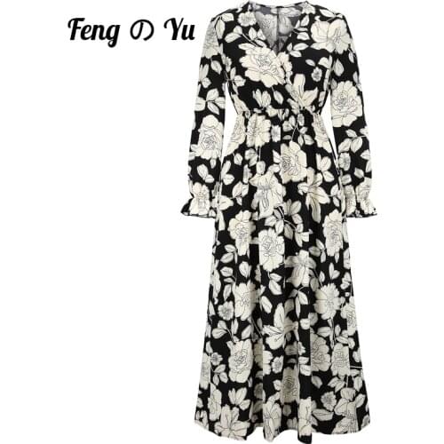 Autumn ladies deep v-neck long skirt high waist long-sleeved sun skirt black and white flower print party dress XL