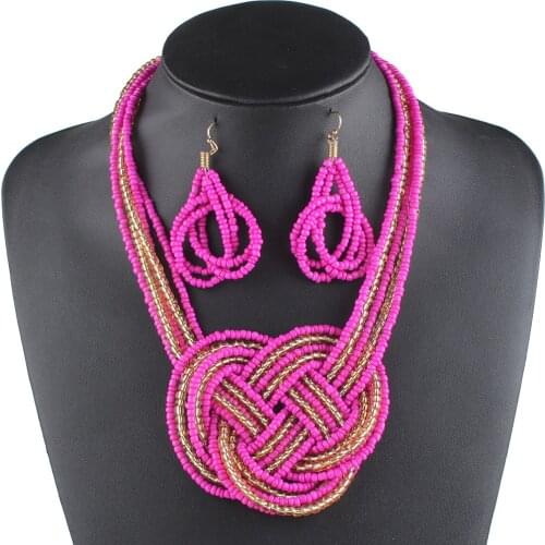 Claire Jin Bohemian Knot Necklace and earings fashion jewelry sets Boho Bead Earrings Necklaces Women Ethnique Collier bijoux