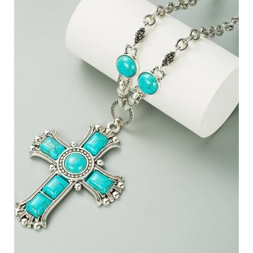 Trendy Bohemia Big Cross Pendant Green Stone Long Chain Boho Necklace For Women Female Vintage Pendant Necklace