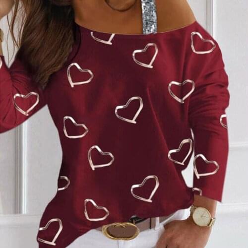 Plus Size Women Shirts Summer Long Sleeve Heart Shape Print Gold Stamping Shiny Sequins One Shoulder T-shirt Pullover for Spring