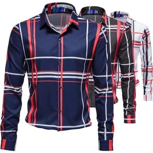 New mens plaid shirt mens slim long-sleeved shirt business casual shirt European size