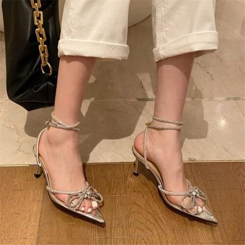 Rhinestone Transparent Shoes Summer Women Sandals Silver Butterfly Knot Dress Shoes High Heels Women Sandals