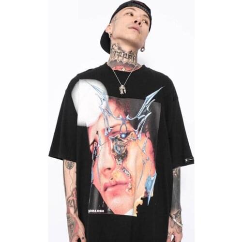 Dark Style High Street Mourning Portrait Print Short Sleeve Oversize Hip Hop Trendy T-shirt For Men And Women Tops Tees