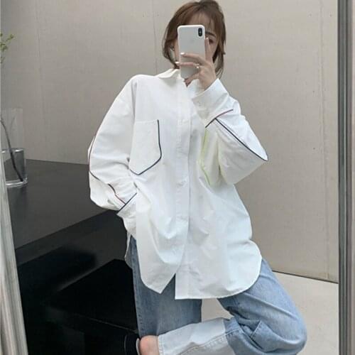 Spring Autumn Women White Contrast Color Big Size Blouse New Lapel Long Sleeve Loose Fit Shirt Fashion Tide Shirt for Women