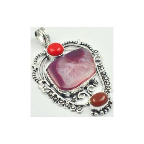 Solar Quarts & Carnelian Pendant Silver Overlay over Copper, USA Size 67mm , P4531
