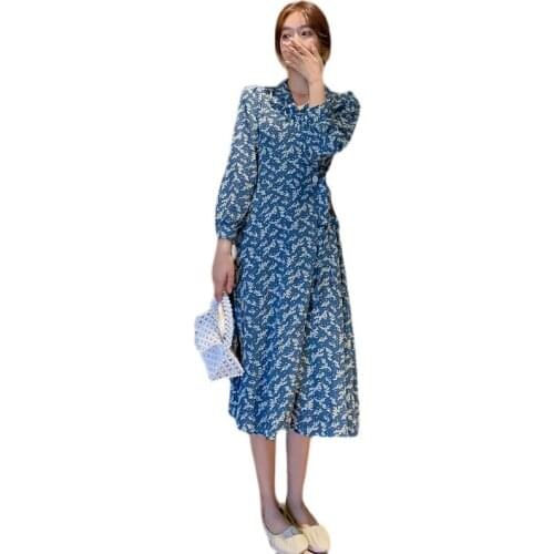 Women Boho Chiffon Floral Dress Spring Summer 2021 Long Sleeve Vintage Elegant Casual Korean Party Night Vacation Runway Vestido