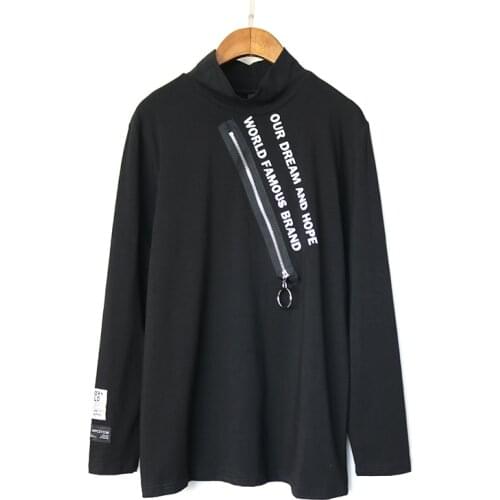 Letter Zipper Solid T shirt WOmen 2020 Autumn Casual Fashion New Style Temperament All Match Turtleneck Collar