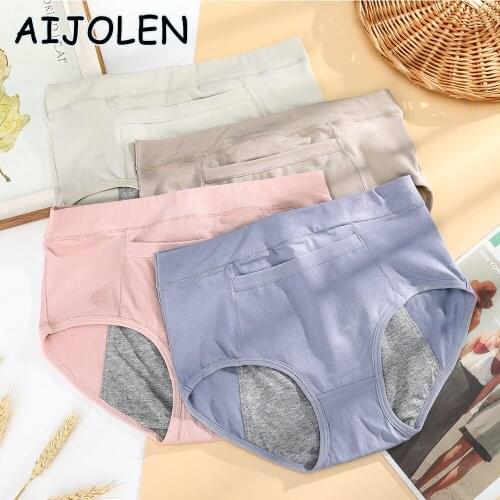 AIJOLEN Cotton High Waist Solid Color Ladies Panties Physiological Leak-proof Underwear with Pocket Female Lingerie for Woman
