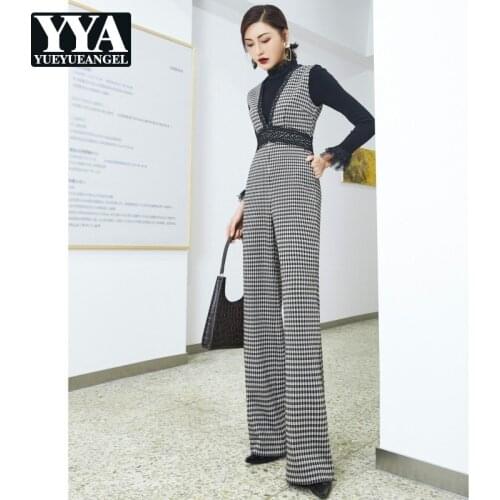 2021 Spring Women Lace Spliced Plaid Jumpsuits Vintage Elegant Wide Leg Trousers Office Lady High Waist Overalls Jumpsuit