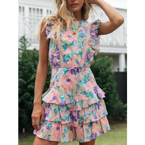 2021 Spring New Sexy Floral Print Backless Ruffled Dress Summer Hollow Out Lace Women Beach Clothing Casual Short Mini Dress