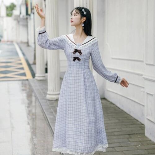 French Dress Women Spring 2021 New Lace Stitching Bowknot Your Sweet And Cute Dress Retro Plaid Gentle Preppy Style Dress