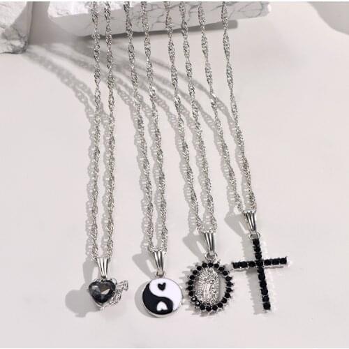 Vintage Multilayer Twisted Chain Necklaces for Women Black Crystal Maria Cross Love Heart Pendant Necklace Religion Jewelry Gift