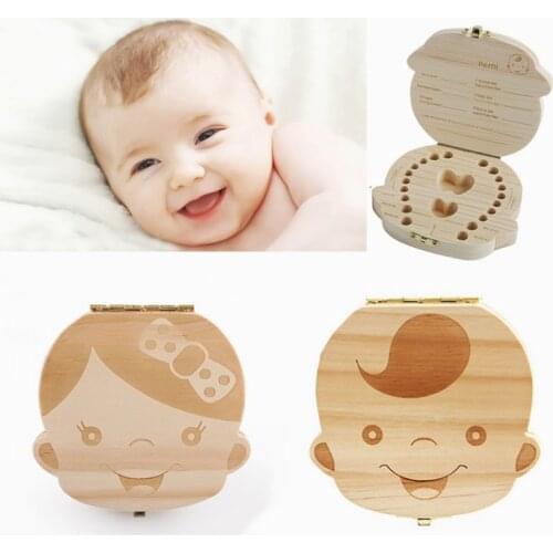1PCS Tooth Box Baby Kids Tooth Storage Wooden Boxes Spanish English for Collect Milk Teeth Umbilical Lanugo Organizer Supplies