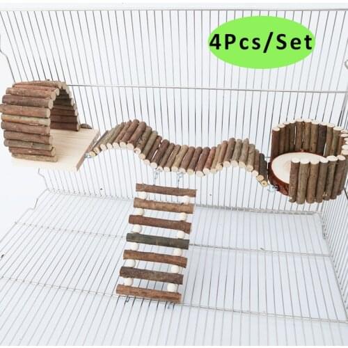 4Pcs Hamster Toys Set Wooden Cage Platform Teething Toys Climb Ladder Bridge Exercise Playing Teeth Care toy for Rabbits Gerbils