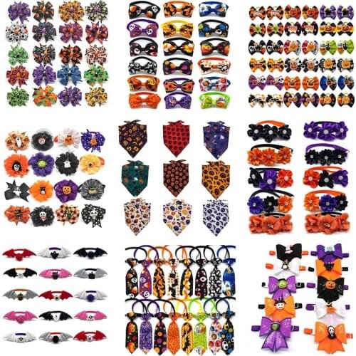 50pcs Halloween Pet Accessories Dog Bandana Pet Dog Hair Bows Small Dog Bowtie Neckties Pet Dog Collar Accessoreis Pumpkin Ties
