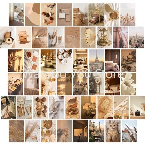 50pcs Butterfly Wings Sunlight Flower Pictures Boho Art Collage Wall Kit Brown Aesthetic Photos Bedroom Study Home Decoration