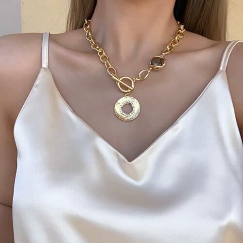 Lifefontier Minimalist Thick Chain Necklace Punk Toggle Clasp Gold Color Chanis Circle Pendant Necklaces for Women Jewelry