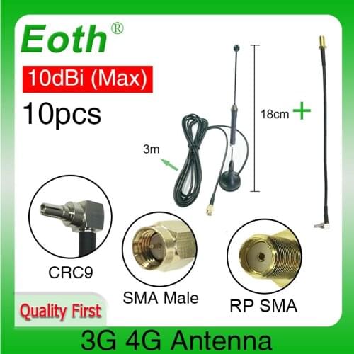 10pcs 4G LTE Antenna 10dbi SMA Male Connector 698-960/1700-2700Mhz magnetic base 3M Cable + 20cm SMA Female to CRC9 Male Cable