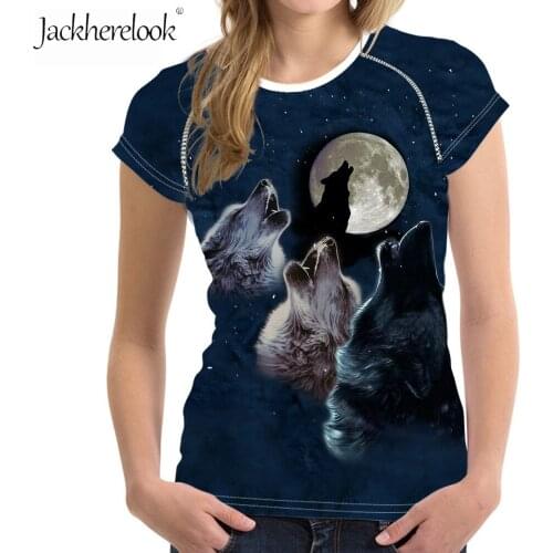 Jackherelook Moon Wolf Animal Print Summer Tops Shirts for Womens Fashion Short Sleeve Woman Clothing Harajuku O-Neck T Shirts