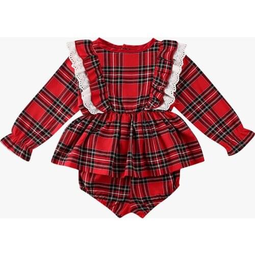 2021 Autumn and Winter Baby Clothes Newborn Ruffle Playsuit, Toddler Plaid Pattern Long Sleeve Square Collar Romper (Red)