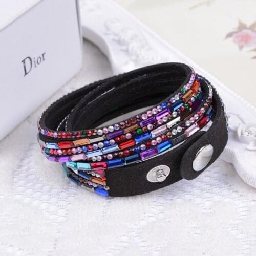 Leather Bracelets with Snaps Women Jewelry 2018 Rhinestone Crystal Bracelet Wholesale Multilayer Wrap Bracelets Femme