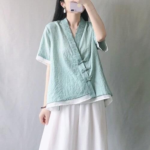 Summer Chinese Style Clothing Women Clothes 2021 Cheongsam Top Chinese Traditional Shirt Blouse Cotton Linen Hanfu Ladies 31221