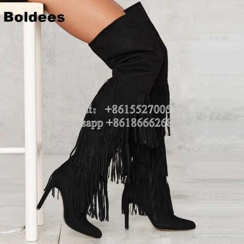 Fashion Black Suede Leather Tassel Designer High Heel Boots Women Over The Knee Winter Pointed Toe Thigh High Booty