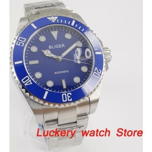 Bliger 43mm mens watch blue dial Ceramic bezel saphire glass;miyota 8215 Automatic movement luxury mechanical watches