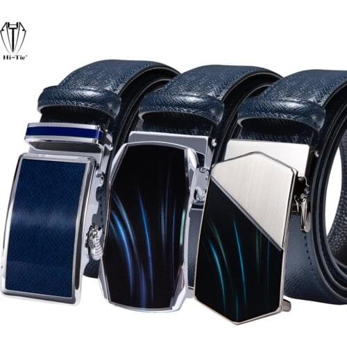 Top Quality Mens Suit Belts Blue Navy Genuine Leather Men Belt Automatic Buckles Ratchet Waistband for Dress Jeans Formal Casual