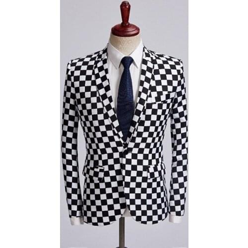 2018 Tide Male Black White Plaid Blazer Design Mens Plus Size 5XL Fashion Suit Jacket Singer Costume Homme Slim Fit Outfit
