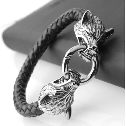 Punk Silver Color Wolf Head Black Leather Weaving Chain Bracelet Stainless Steel Jewelry Mens Boys Cuff Bangle Wristband Jewelry