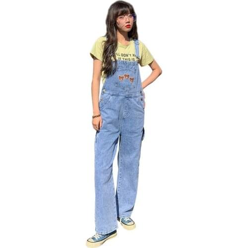 New Jeans for Women Loose Overalls Cartoon Bear Embroidery Denim Jumpsuit Fashion Big Pocket Denim Jumpsuit Casual Rompers