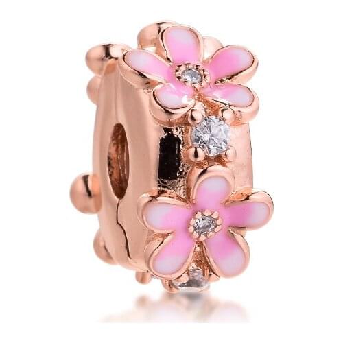 New Charms 925 Silver Original Fit Pandora Bracelets Sterling Pink Daisy Spacer Clip Charm Beads for diy Women Jewelry