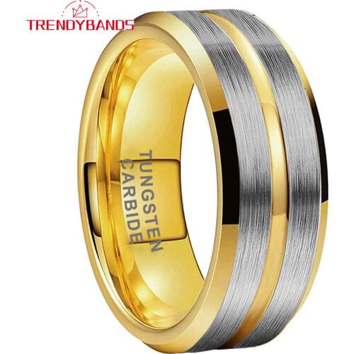 8MM Gold Tungsten Carbide Engagement Rings For Men Women Wedding Band Center Grooved Beveled Edges Brushed Finish Comfort Fit