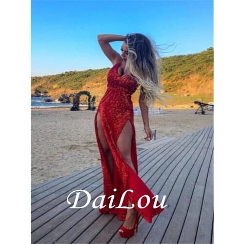 Split-Front Sheath Floor-Length V-Neck Prom Dress 2021