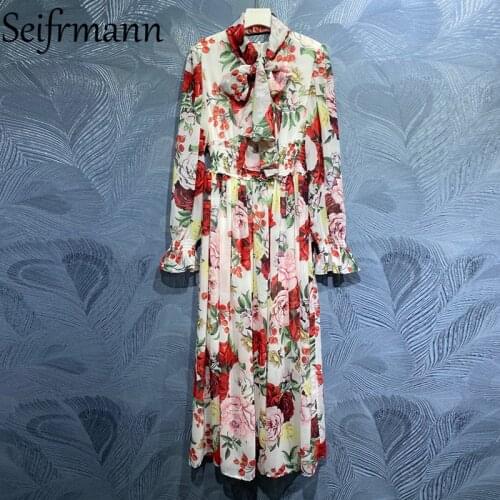 Seifrmann New 2021 Summer Women Fashion Designer Party Long Dress Flare Sleeve Bow Elastic Waist Floral Printed Ladies Dresses