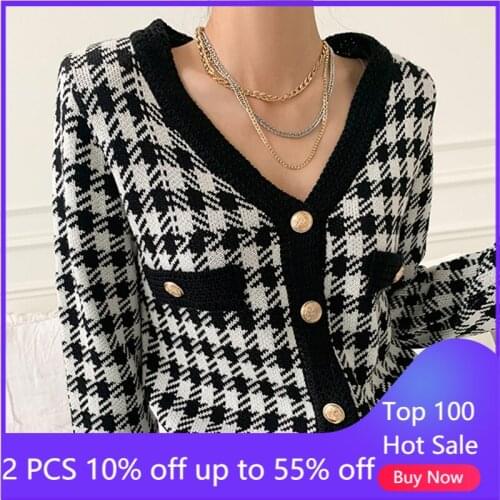 Sweater coats for women autumn casual plaid knitting cardigan sweater jackets 1903