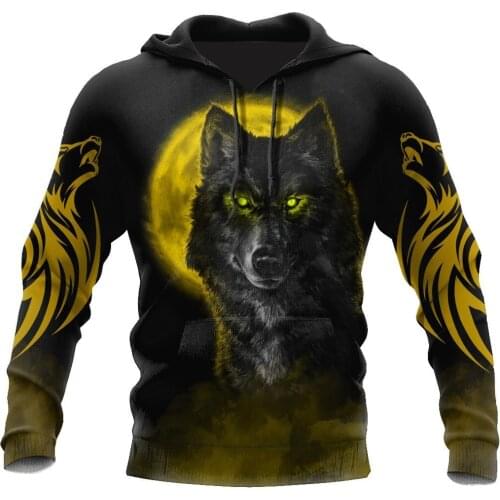 Men Hoodies 3D All Over Printed Yellow Moon Wolf Tattoo Harajuku Pullover Unisex Hood Sweatshirt Jacket Hip-Hop Women Streetwear